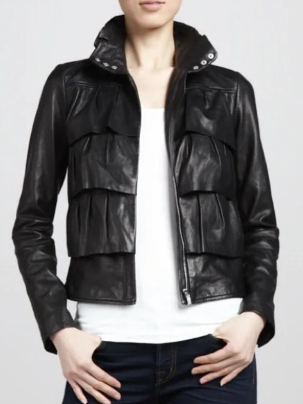 NEW DVF Diane von Furstenberg Black Leather Cupcake Ruffle Jacket Size 6